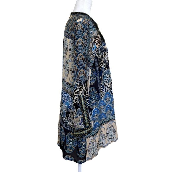 Johnny Was Carly Jessa Silk Tunic Top Boho Blue Beige Floral Paisley Women Sz S - Picture 2 of 8